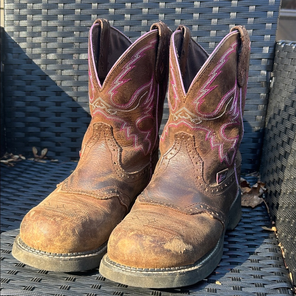 Justin Gypsy Steel Toe Brown Western Cowboy Boots with Pink Accents